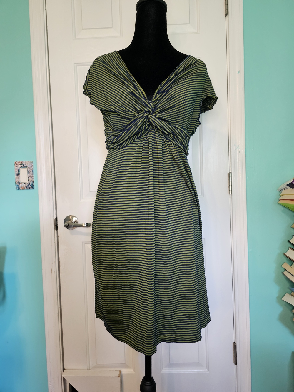 Max Studio Striped Green and Blue Twist-Front Dress Women's Sizing L